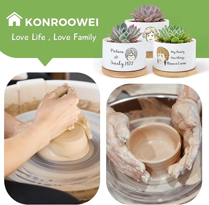 4 Pcs Golden Girls Merchandise Ceramic Plant Pots,Funny Golden Girls Gifts for Women,for House Plants Garden Planters Succulent Pots, with Drainage Holes and Saucer (White)