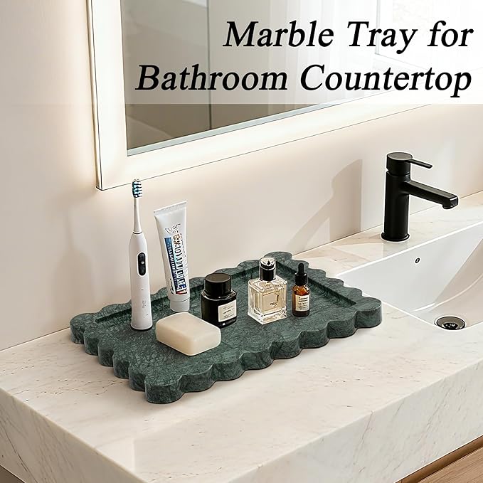 Real Natural Marble Tray, Luxury Scalloped Vanity Decorative Tray, Genuine Indian Green Stone Tray for Bathroom Dresser, Home Decor, Kitchen Storage, Non-Resin/Ceramic, 10.6" x 8", Green