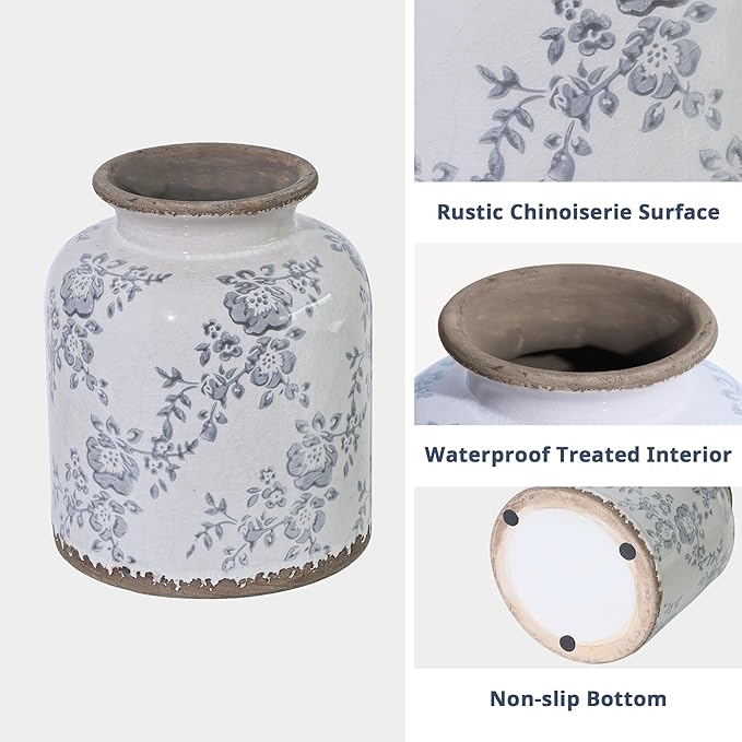 Blue Camellia Chinoiserie Vase, 6.2” Crackled White Ceramic Vase with Antique Distressed Edges, Hand-Painted Vintage Floral Vase for Home Decor, Farmhouse Table Centerpiece (Blue, 6.2")