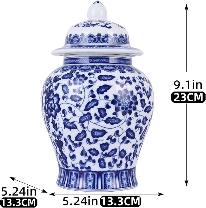 Handmade Blue and White Porcelain Ginger Jar - Traditional Chinoiserie Decorative Storage Vase, Thin-Walled Ceramic Jar for Home Decor, Tea & Display (Leaves)