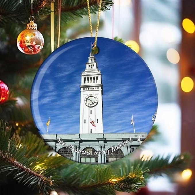 California San Francisco Ferry Building USA America Christmas Ornaments Ceramic Round Hanging Pendant Xmas Decor City Travel Souvenirs 3" Porcelain Double Sided