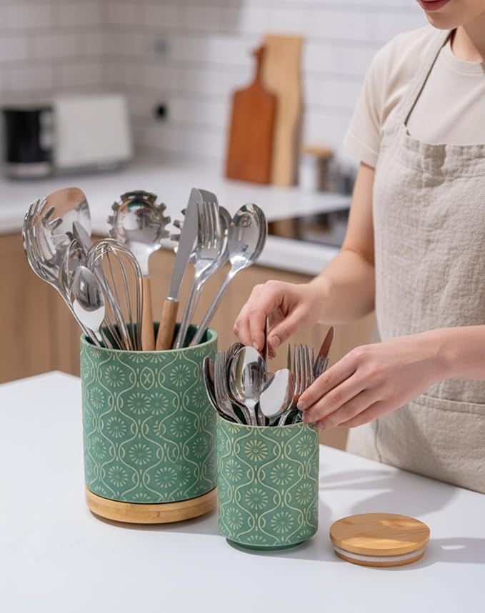 TEATALK Ceramic Utensil Holder Set, 360° Rotating Organizer for Countertop, Farmhouse Vintage Style, Large and Small Crocks in Green，7.7"+5.7"