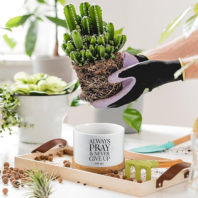 Fumete 12 Pcs Bible Verse Succulent Pots with Bamboo Tray Drainage 3.15 Inch Mini Ceramic Flower Planter Pot Christian Gifts for Women Sunday School Teacher Church Plants Not Included(Classic Style)