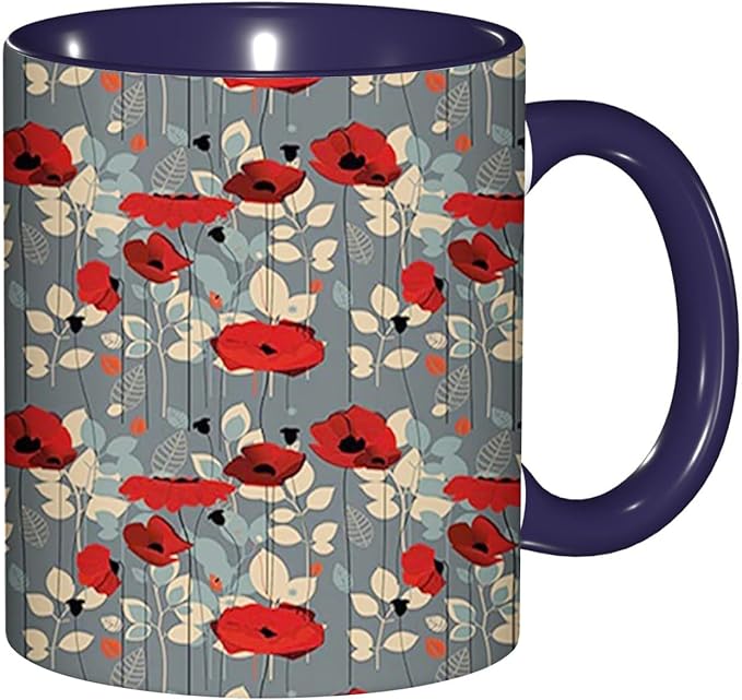 Poppy Flower,Funny Novelty Ceramic Coffee Cups With Handle,Floral Garden Leaves Modern Nature Tea Cup for Office and Home, 11 Oz,Dishwasher Microwave Safe (Navy blue)
