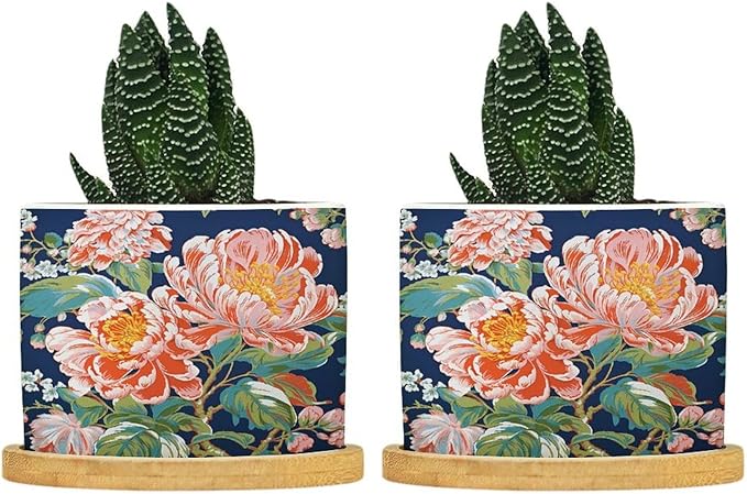 Bright and Chinoiserie Ceramic Planter Coral Peony Floral Planters for Outdoor Plants with Drainage Holes and Saucers Pot for Pots Outdoor Indoor Plants