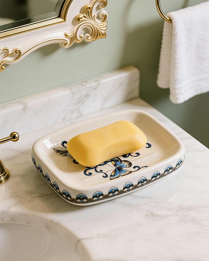 Kelake Ceramic Soap Dish Creative Ice Crack Ceramic Blue Butterfly and Flower Pattern Soap Dish Holder for Bathroom and Shower Soap Tray Box with Drain Gift for Mum Family