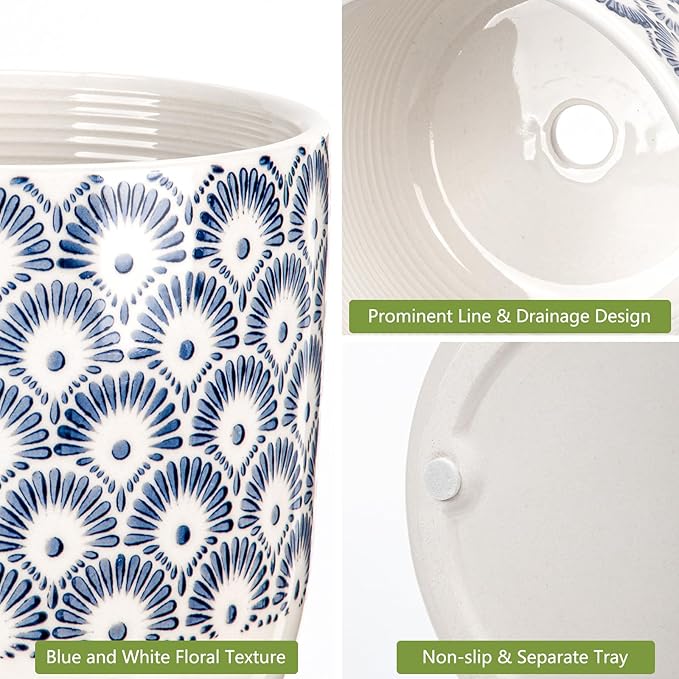 Ceramic Planter Pots for Indoor Outdoor, 5+6 inch Round Flower Pots with Drainage Hole and Tray, Blue and White Plant Pots for Succulent Orchid Flower, Gardening Home Desktop Office Use(Set of 2)