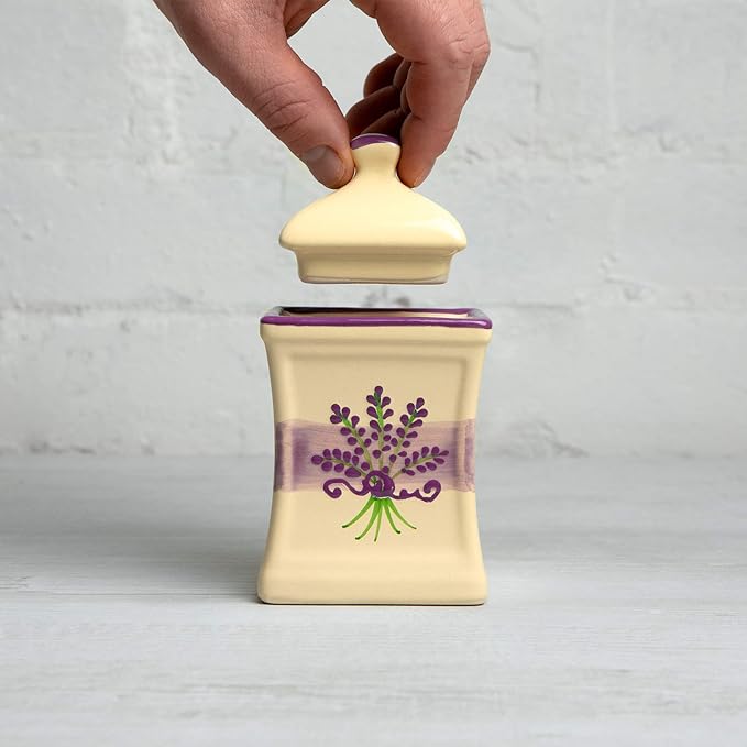 City to Cottage Handmade Small 5.3oz/150ml Ceramic Kitchen Herb, Spice, Storage Jar with Lid, Pottery Canister, Housewarming Gift (Cream Lavender Floral)