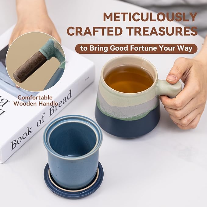 Ceramic Tea Mug with Infuser & Lid, 15oz Kiln-Transformed Unique Cup – Nature's Artisan Design, Loose Leaf Tea Cup with Infuser, Insulated Ceramic Coffee Mugs with Lid, Gift for Women/Men