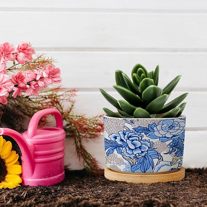 DreamAutumn Blue and White Chinoiserie Floral Planter Ceramic Round Plant Pots with Drainage Holes and Bamboo Tray Planting Small Flower Pots for Home Windowsill Desk Garden Indoor Outdoor Use