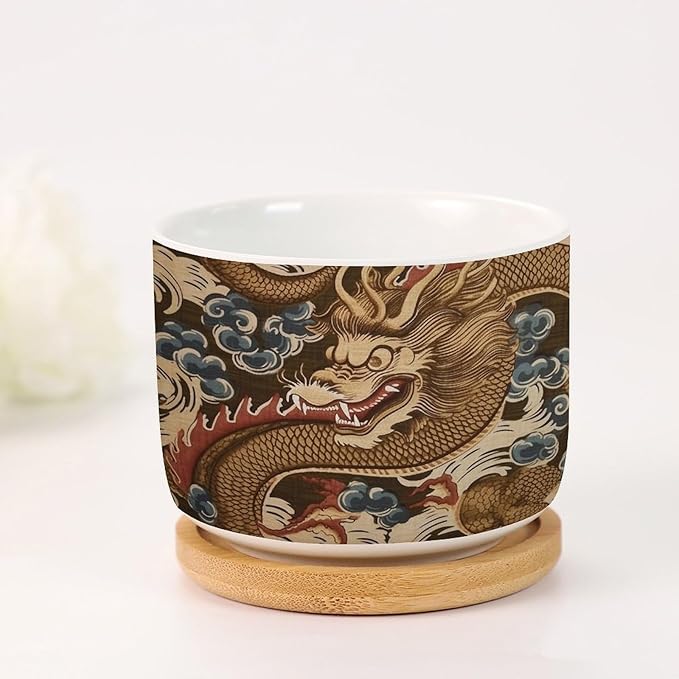 1 Piece Antique Chinoiserie Dragon Small Ceramics Planter Chinoiserie Flower Pot Planter with Drainage Bamboo Trays Dragon Gold Oriental Style Asian Ceramics Pots for Plants