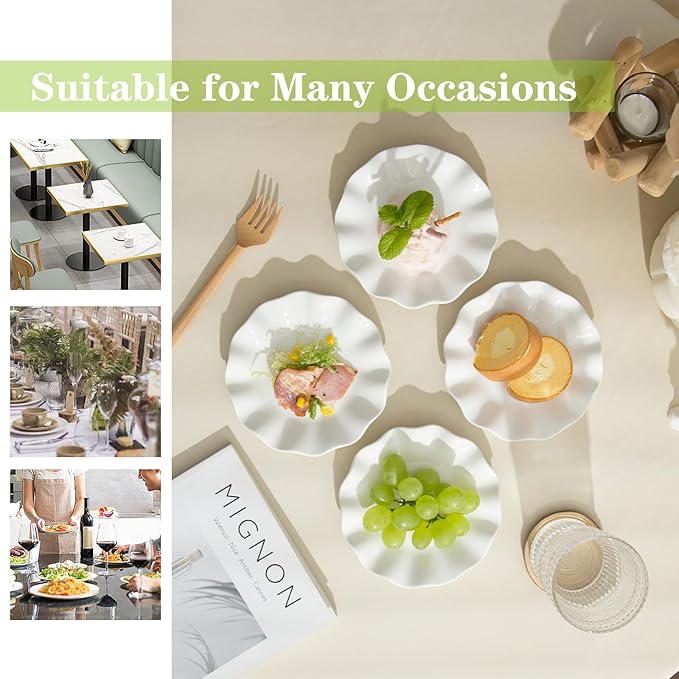 TAMAYKIM 18 Pieces 6 Inch Porcelain Dessert Plates, Small Appetizer Plates, Wavy Rim Dinnerware Sets, Microwave, Oven, and Dishwasher Safe, White