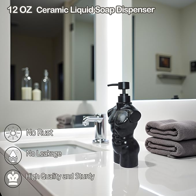 Ceramic Boy Soap Dispenser,Lotion and soap Dispenser Set Refillable Liquid Hand Soap Dispenser for Bathroom Kitchen (Black)