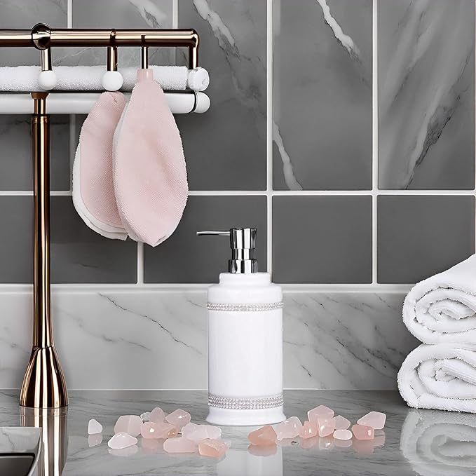 17 OZ Hand Liquid&Lotion Soap Dispenser Pump Bottle Ceramic White for Kitchen Bathroom Countertop Laundry Room Holds Dish Soap Shampoo Laundry Liquid Shower Gel (Inlaid Rhinestone) (White1)