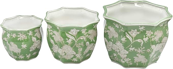 Galt International Green & White Round Fluted Floral Porcelain Ceramic Plant Flower Planter Pot Set of 3 (7.5", 10", 13") Garden Pots Chinese Asian Design