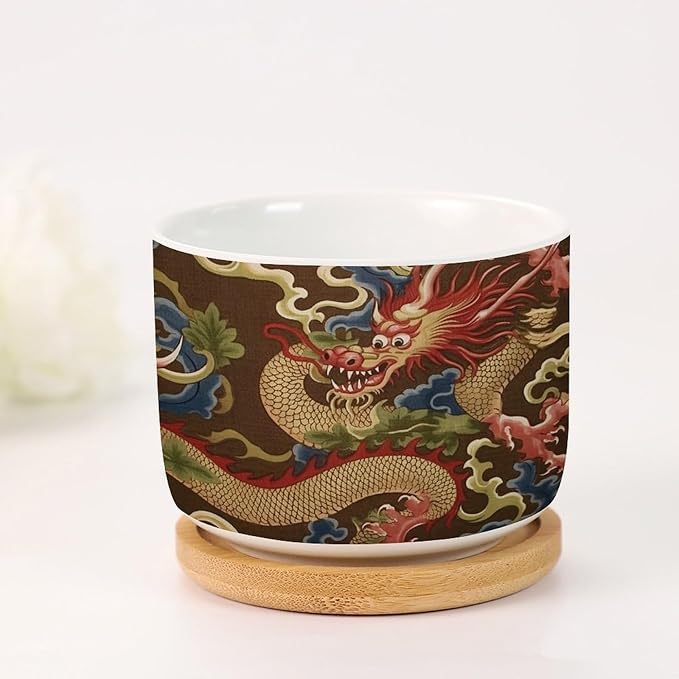 3 Piece Antique Chinoiserie Dragon Small Ceramics Pots for Plants Asian Style Chinoiserie Houseplant Pot for Succulent Dragon Gold Oriental Style Asian Ceramics Planters for Indoor