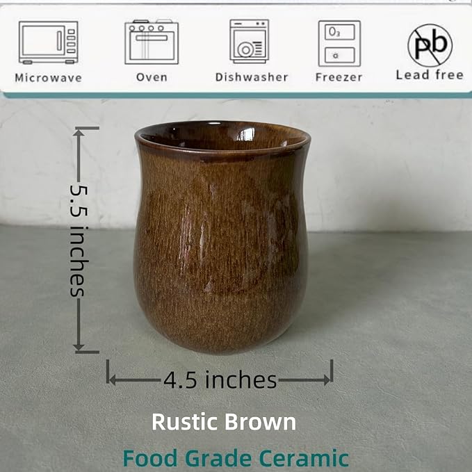 Short Kitchen Utensil Holder for Kitchen Counter, Ceramic Small Utensil Crock & Vase & Holder for Cutlery Spatula Brush Silverware Cooking Utensil Holder (Rustic Brown)