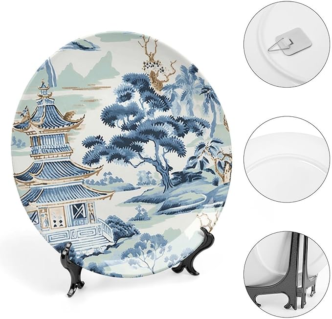 Blue And White Chinoiserie Pagoda Ming Toile Asian Decorative Plate, Custom Hand-Painted Ceramic Decorative Plates for Wedding Club Decor, Unique Art with Stand Art Decor for Wall Household