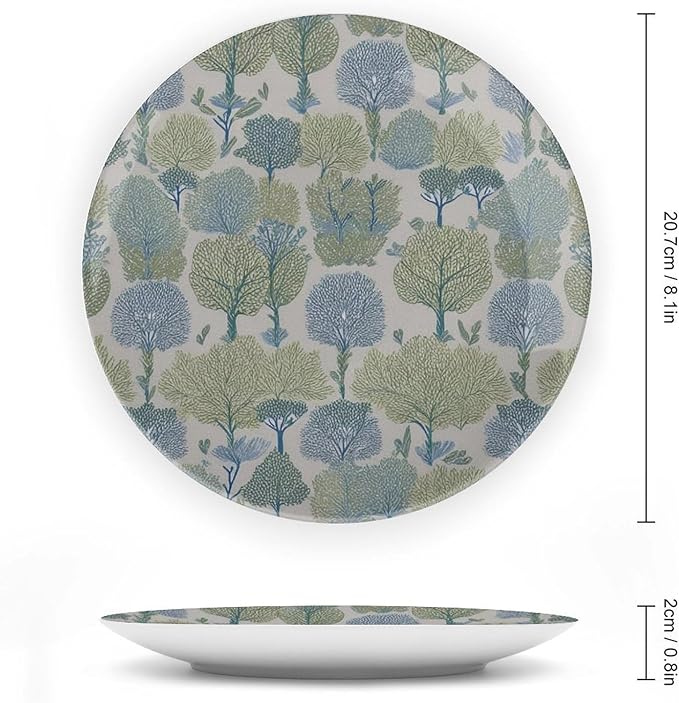 Home Decorations Fashion Plates, Green And Blue Forest Custom Christmas Gifts Design Collector Plates for Display Table Wall Decor, Including Bracket And Special Hook