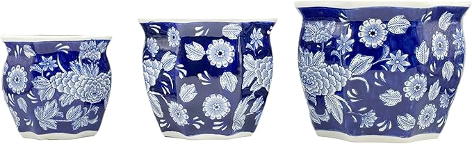 Galt International Dark Blue & White Round Fluted Floral Porcelain Ceramic Plant Flower Planter Pot Set of 3 (7.5", 10", 13") Garden Pots Chinese Asian Design