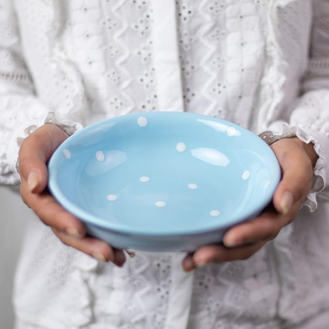 City to Cottage Handmade Light Sky Blue And White Pottery Polka Dot Glazed 7.3inch/18.5cm, 14oz/400ml Salad, Pasta, Fruit, Cereal, Soup Bowl | Unique Ceramic Dinnerware, Housewarming Gift