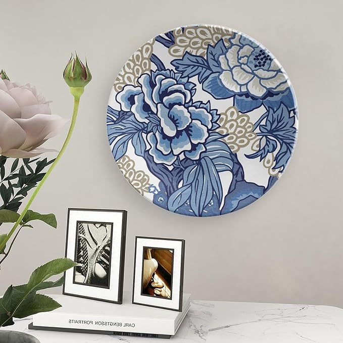Fashion Plates Blue And Tan Peony Chinoiserie Floral Customize Decor for Wall Festival Club Wedding Hand-Painted Ceramic Decorative Plates with Vertical Stand, Multi Sizes, Gifts for Men Women