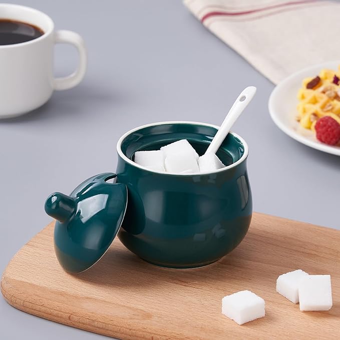 Ceramic Sugar Bowl with Lid and Spoon, Green Porcelain Sugar Salt Pepper Storage Jar, 7 Ounces