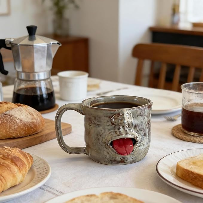 Handmade Face Shaped Ceramic Mug, Funky Novelty Sculptural Coffee Cup with Tongue, Unique Artisanal Pottery for Tea or Coffee, Perfect Gag Gift for Friends, Office & Home Decor (2pcs)