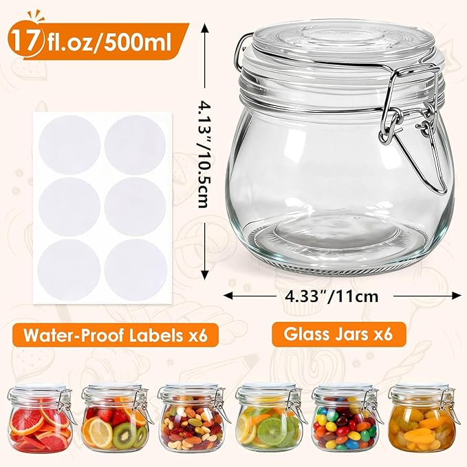 SKOCHE 6 Pack Glass Jars with Airtight Lid 17 oz, Small Air Tight Glass Storage Jar, Pickling Jar, Leakproof Canister Jars with Silicone Seal for Kitchen Canning, Food Storage, Jam, Mason jars