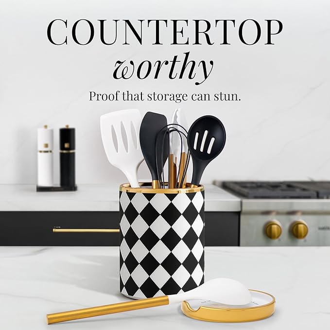 STYLED SETTINGS Black & White Checkered Utensil Holder Set – Large Ceramic Kitchen Utensil Holder for Countertop with Gold Spoon Rest – Stylish Checkered Kitchen Decor & Organizer
