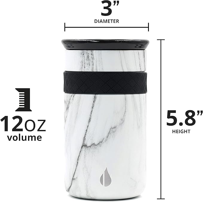 Elemental Personalized Artisan Insulated Tumbler, Triple Wall Coffee Travel Tumbler, Reusable Stainless Steel Coffee Tumbler with Ceramic Lid, Thermal Coffee Cup for Hot & Cold, 12oz - White Marble