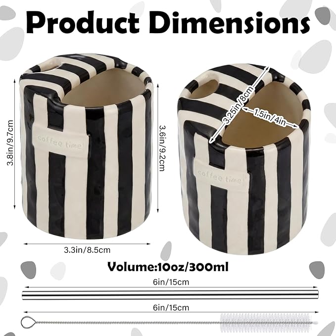 1 Pack Ceramic Coffee Mug with Sip Hole Espresso Cup 10oz with Straws Retro Hand Painted Striped Porcelain Coffee Tea Cup Cappuccino Latte Mug for Kitchen Dining Travel (Black)