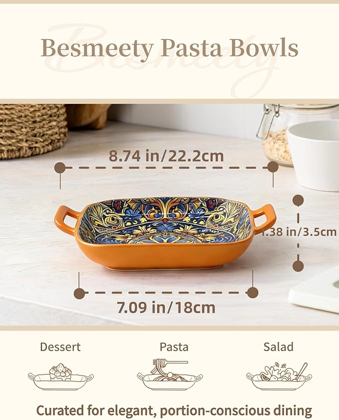 Besmeety Square Pasta Bowls with Handle, Boho Salad Serving Bowls Set of 2, Ceramic 7.09" Pasta Plates for Housewarming Present, Party (Yellow+Orange1)
