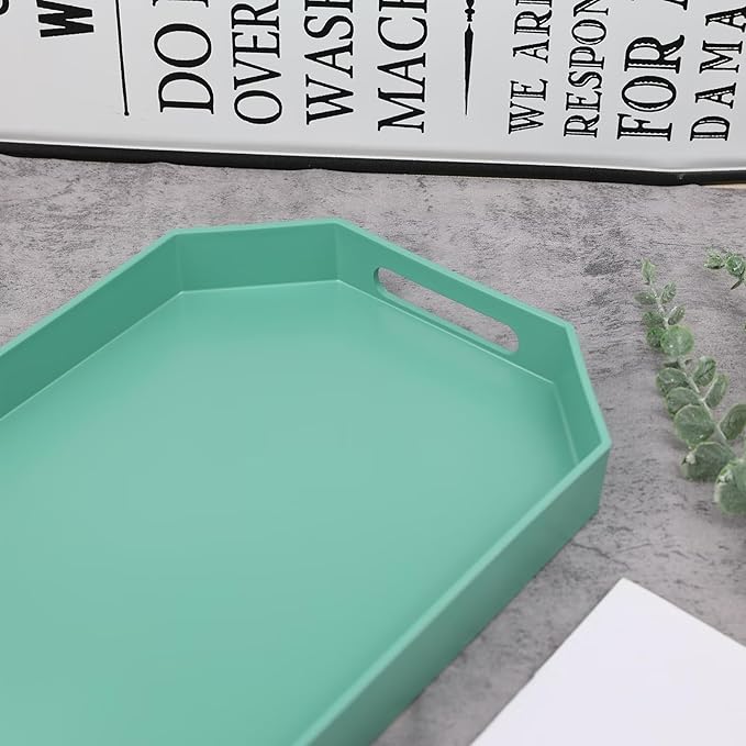 Green Octagonal Serving Tray with Handles for Coffee Table, Plastic Decorative Tray for Ottoman, Kitchen Counter, Living Room, Outdoor Lacquer for Entertaining