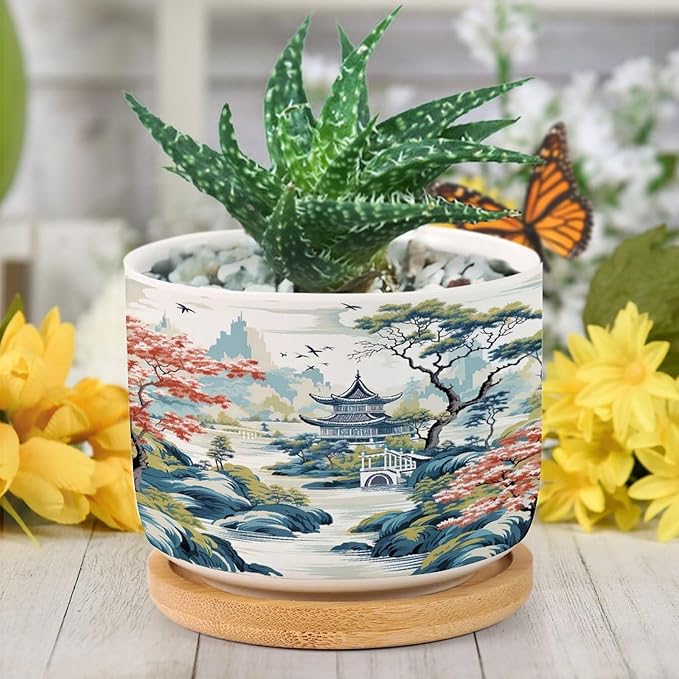 DreamAutumn Chinoiserie White Blue Asian Ceramic Pots for Plants with Drainage Holes Round Flower Pot Bamboo Tray Orchid Pot Succulents Pots for Outdoor Indoor Plants,Housewarming Gifts