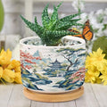 DreamAutumn Chinoiserie White Blue Asian Ceramic Pots for Plants with Drainage Holes Round Flower Pot Bamboo Tray Orchid Pot Succulents Pots for Outdoor Indoor Plants,Housewarming Gifts
