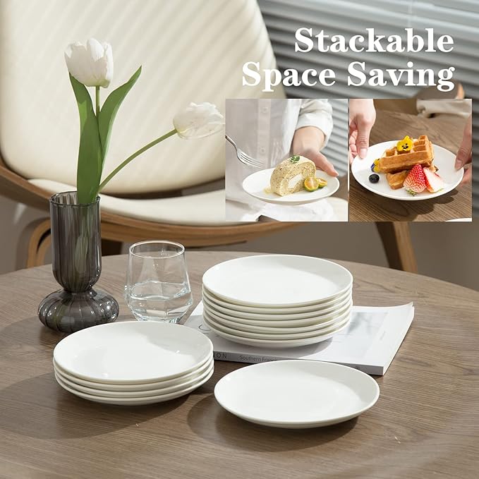 7 Inch Porcelain Small Dinner Plates Set of 12, White Appetizer Plates, Dessert Salad Plates, Ceramic Serving Dishes for Cake, Snack, Ice Cream, Waffles, Microwave, Oven, and Dishwasher Safe