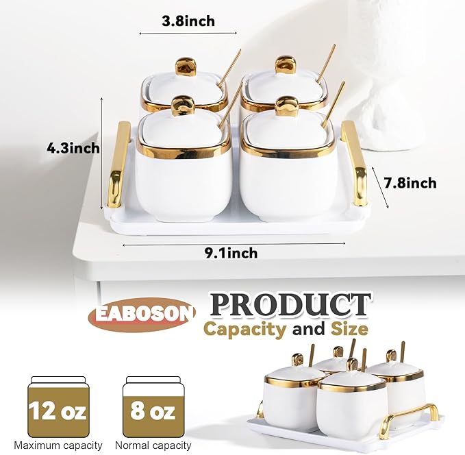 4 Pack Gold Condiment Spice Jars with Lids, Spoons, Tray - Ceramic Seasoning Box Set for Salt, Pepper, Sugar - Kitchen Storage