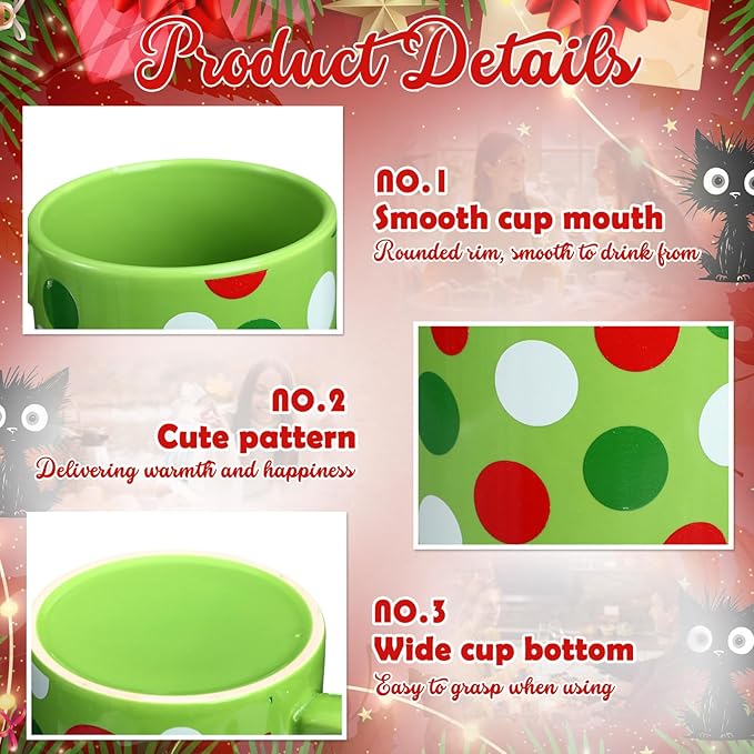 Sliner 3 Set 11 oz Christmas Ceramic Coffee Mugs Red Green Polka Dot Cup Funny Gift Cute Festive Ceramic Tea Cup Xmas Holiday Birthday Gifts for Men Women