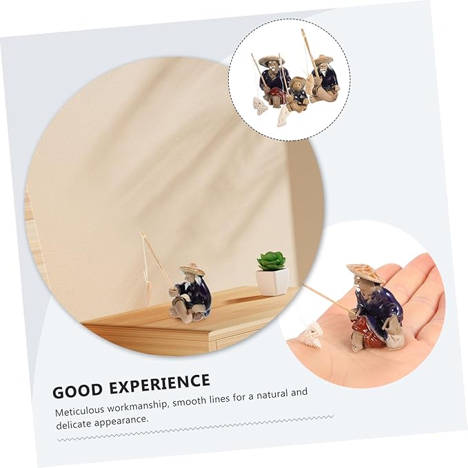 3Pcs Ceramic Miniature Fisherman Figurine Set for Fish Tank Garden Decoration Asian Fisherman Statues Detailed Craftsmanship for Aquatic Landscapes