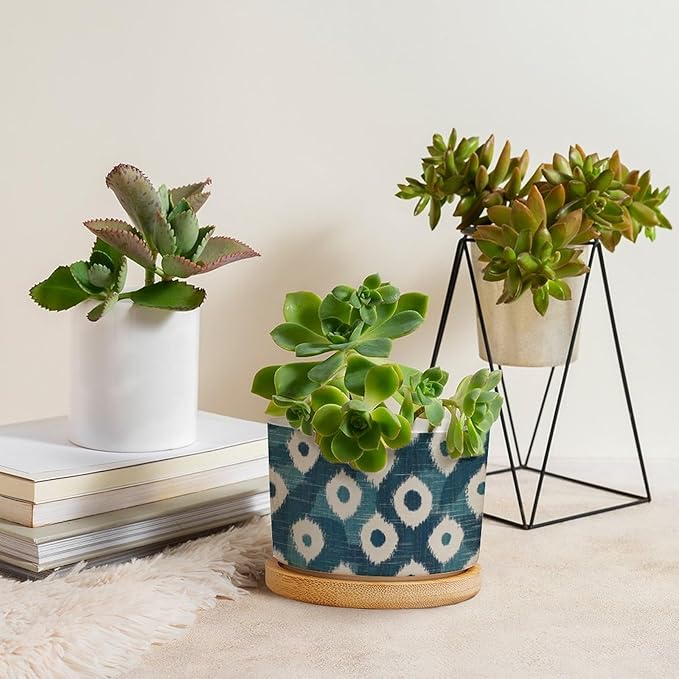 Blue and Ikat Bukhara Planter Ceramic Antique Ikat in Teal Round Plant Pots with Drainage Holes and Bamboo Tray Pot for Home Office Decoration