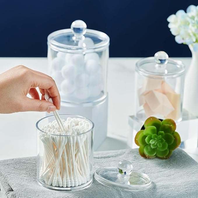 SheeChung 6-Pack Clear Acrylic Apothecary Jars with Labels - (3) 10oz & (3) 12oz Qtip Holder Set - Shatterproof Bathroom Vanity Organizer for Cotton Swabs, Balls, Pads - Minimalist Decor