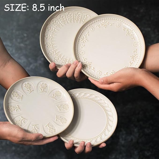 Artena Salad Plates Set Of 4, 8.5 Inch Embossed Appetizer Plates, Ceramic Small Dinner Dessert Plate, With Lipped Edges for Kitchen Microwave Oven Dishwasher Safe (Damask Floral) (Pack of 2)