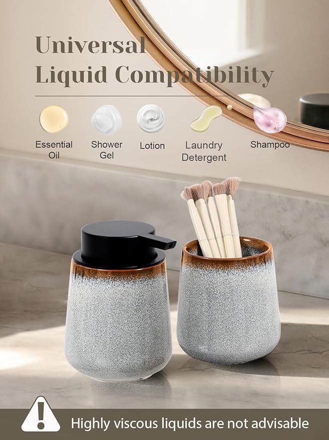 INGOFIN Ceramic Lotion Dispenser - 12 oz Refillable Hand Soap Dispenser Bathroom, Modern Liquid Dispenser with Pump, Dish Soap Dispenser for Kitchen, Kiln-Glazed Grey White