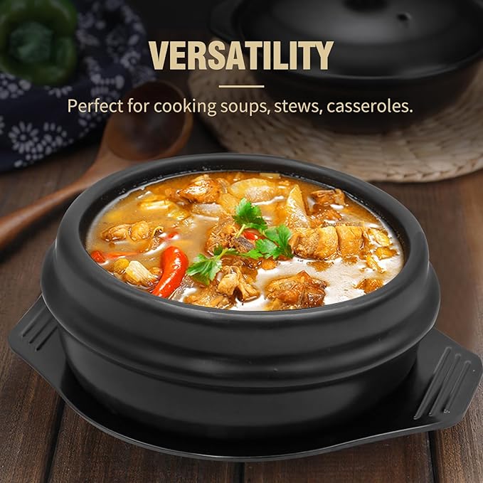 Korean Stone Pot Set with Tray and Stainless Steel Spoon, Ceramic Bowl for Bibimbap and Soup, No Lid (1500 ML (50 OZ))