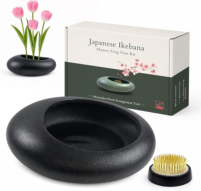 Japanese Flower Frog Vase Set – Minimalist Black Ceramic Flower Vase with Flower Frog, Modern Flower Arrangement Pot for Living Room Decor & Art Supplies, Gift Box for Flower Lover