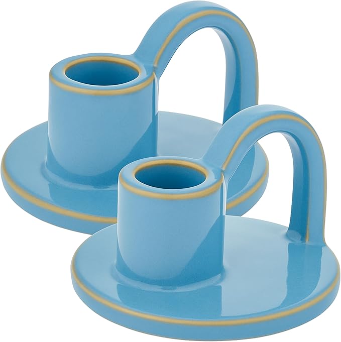 Ceramic Taper Candle Holders with Handle (Set of 2) – Tall Candlestick Holders for Table Decor Centerpieces, Rustic Home Décor, and Dinner Table Styling Robin's Egg Blue