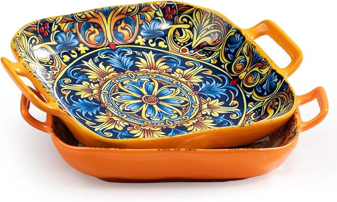Besmeety Square Pasta Bowls with Handle, Boho Salad Serving Bowls Set of 2, Ceramic 7.09" Pasta Plates for Housewarming Present, Party (Yellow+Orange1)