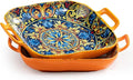 Besmeety Square Pasta Bowls with Handle, Boho Salad Serving Bowls Set of 2, Ceramic 7.09" Pasta Plates for Housewarming Present, Party (Yellow+Orange1)