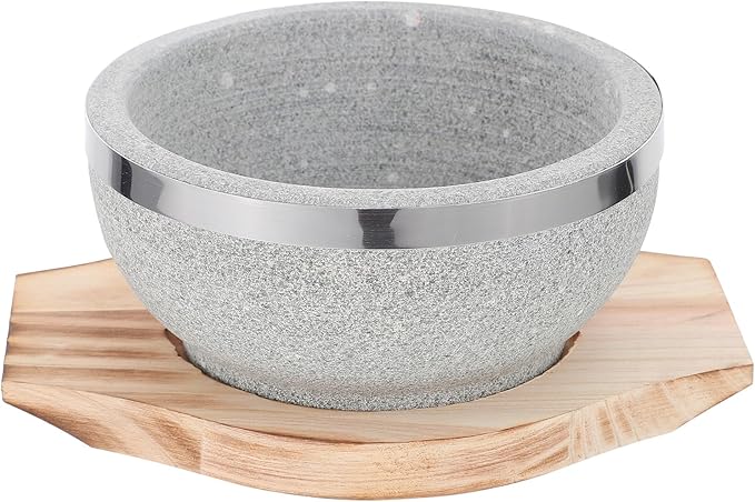 Zerodeko Bibimbap Bowl: Korean Stone Pot with Wood Base - Decorative Stone Bowl - Cooking Utensils for Home Restaurants Korean Soup Food Rice Stew